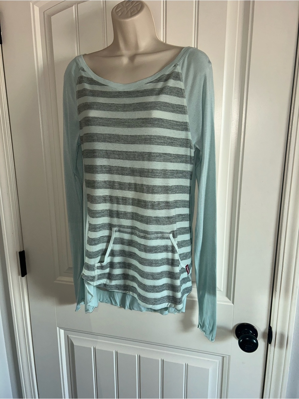 NEW Hard Tail Light Blue & Gray Striped Long Sleeve Scoop Top Sz S